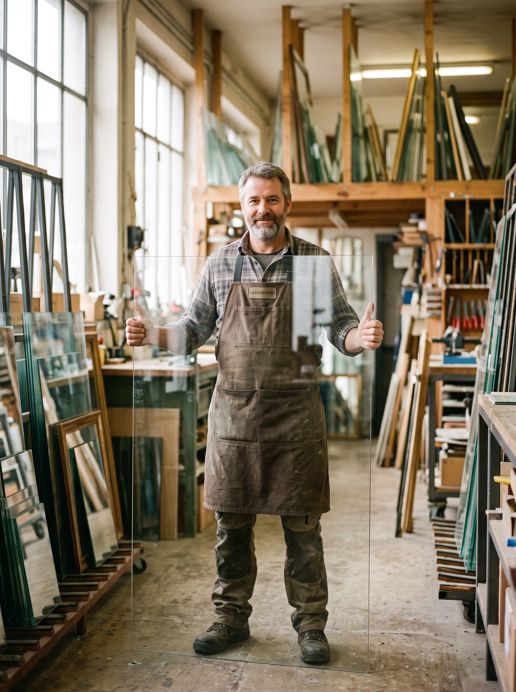 Weber, vitrier-miroitier, dans son atelier à Bertrange