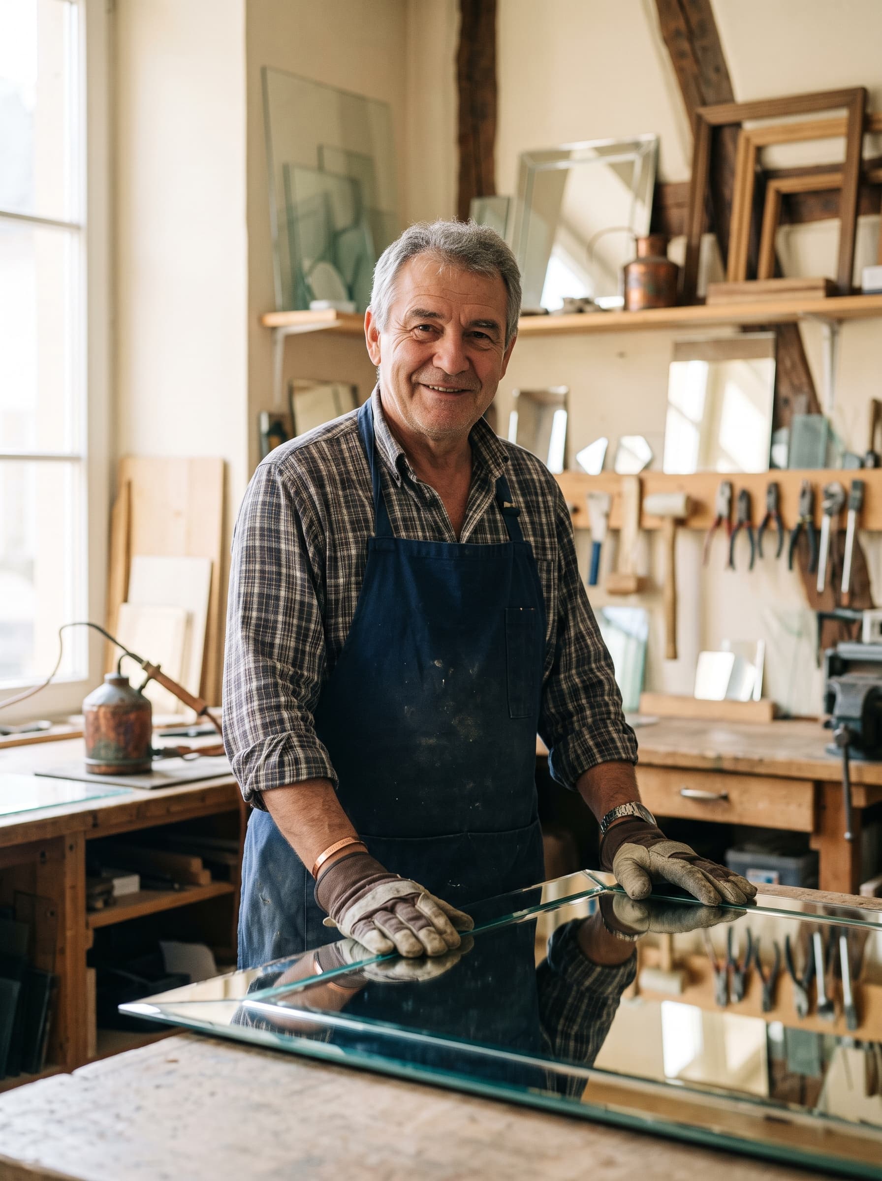Portrait de Weber, artisan vitrier-miroitier, dans son atelier de Bertrange