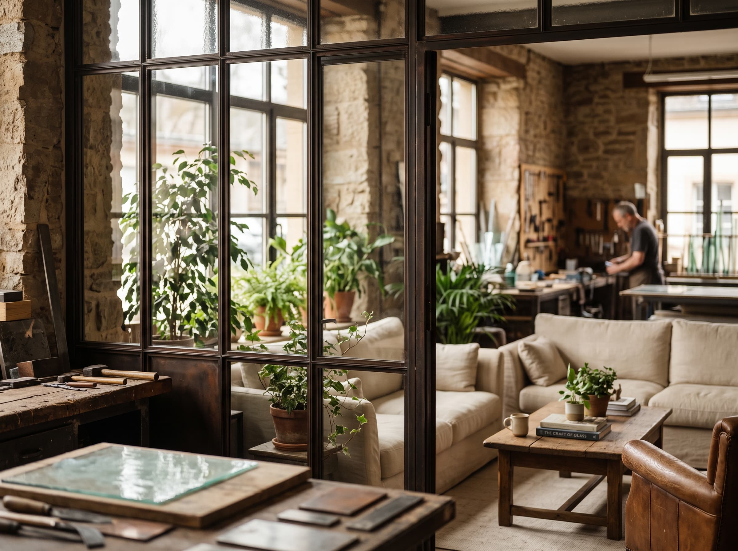 Verrière d’atelier séparant une cuisine et un séjour à Bertrange